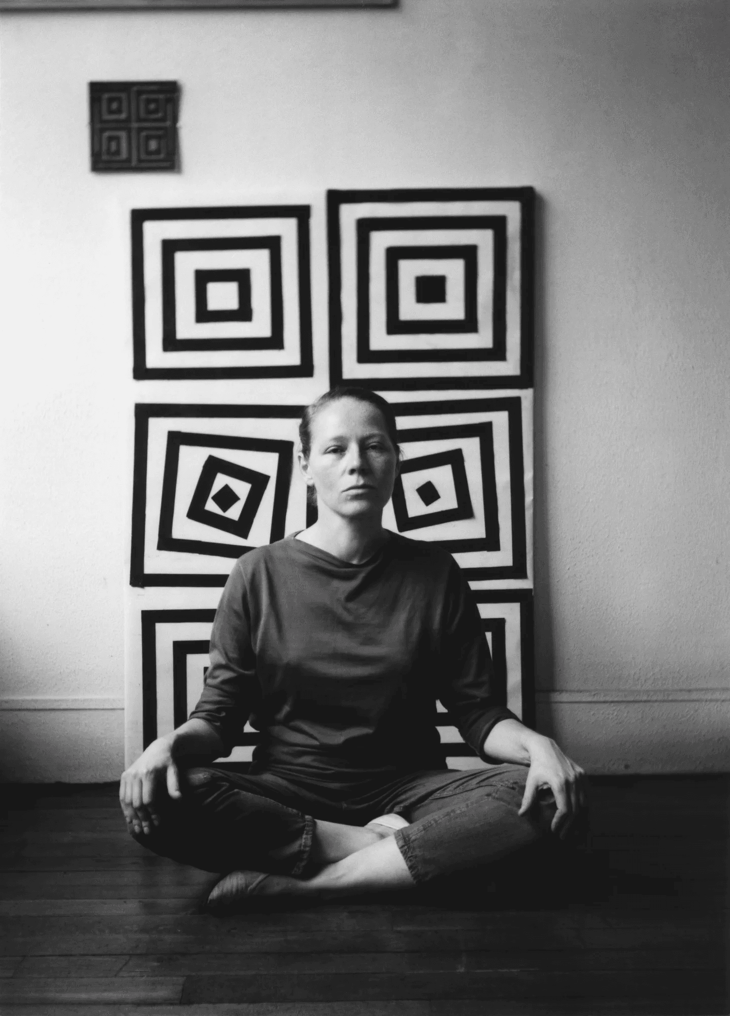 Vera Molnar with her computer-generated geometric works, 1961