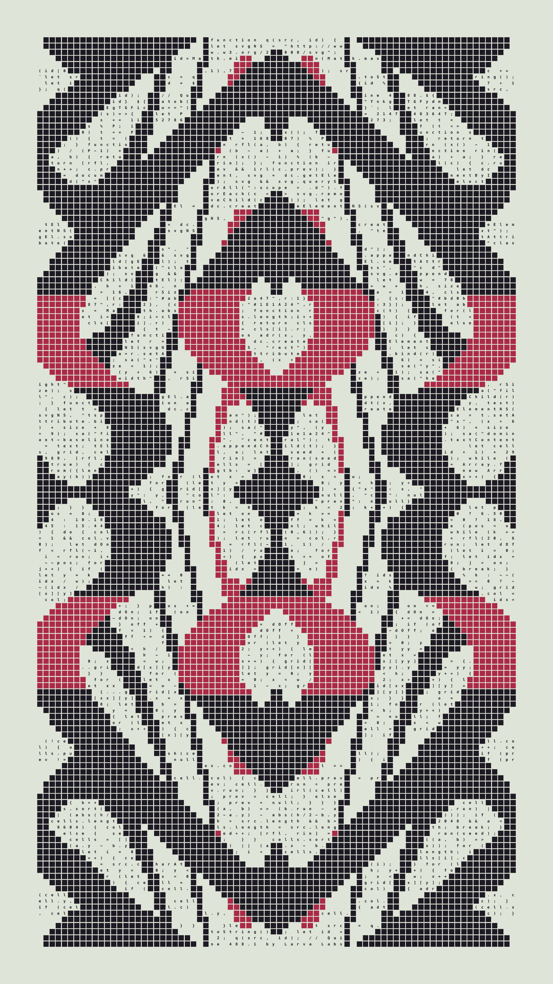 Quine by Larva Labs — generative artwork with pixel grid encoding its own source code