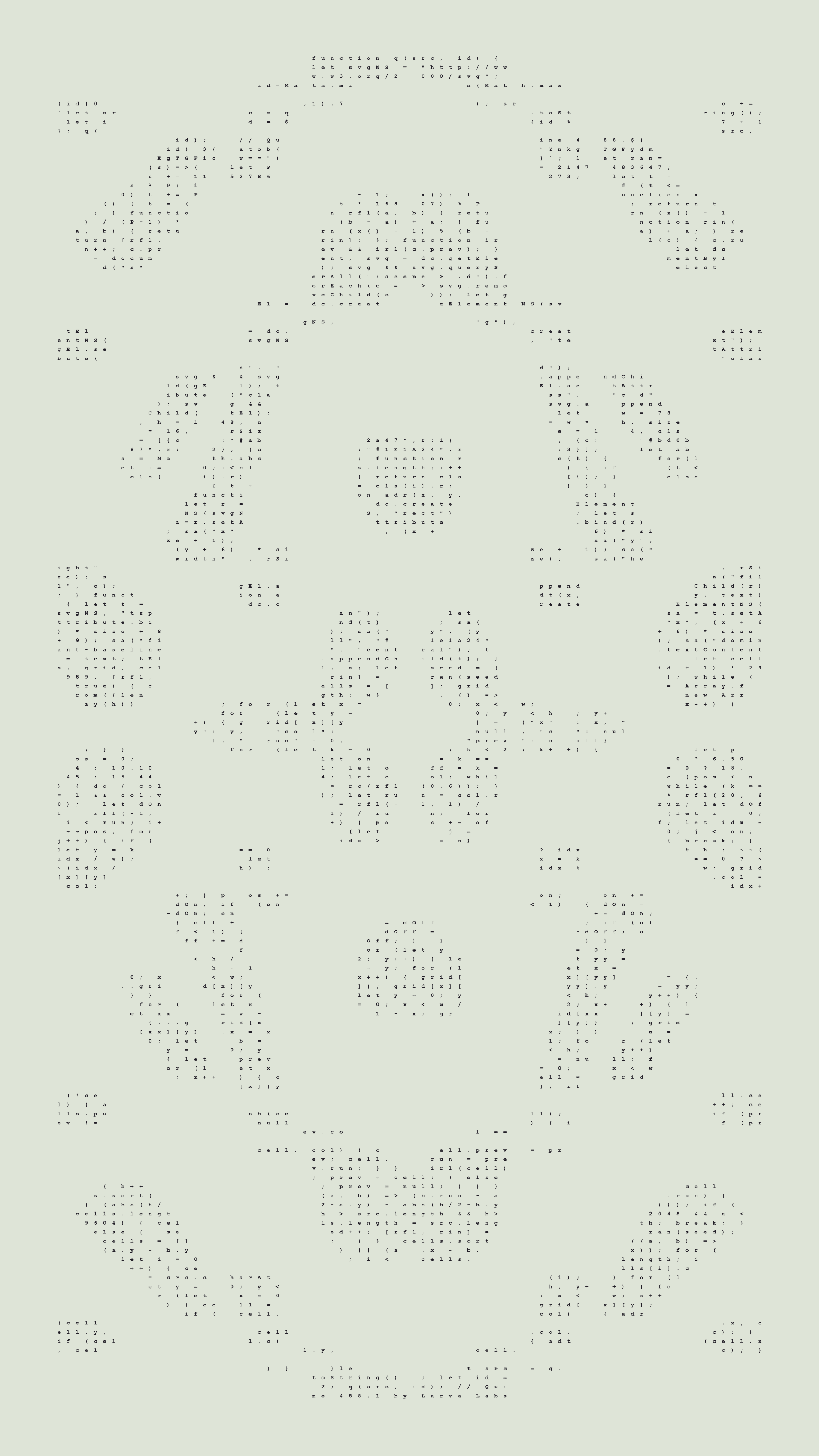 Quine by Larva Labs — source code view showing the self-replicating program